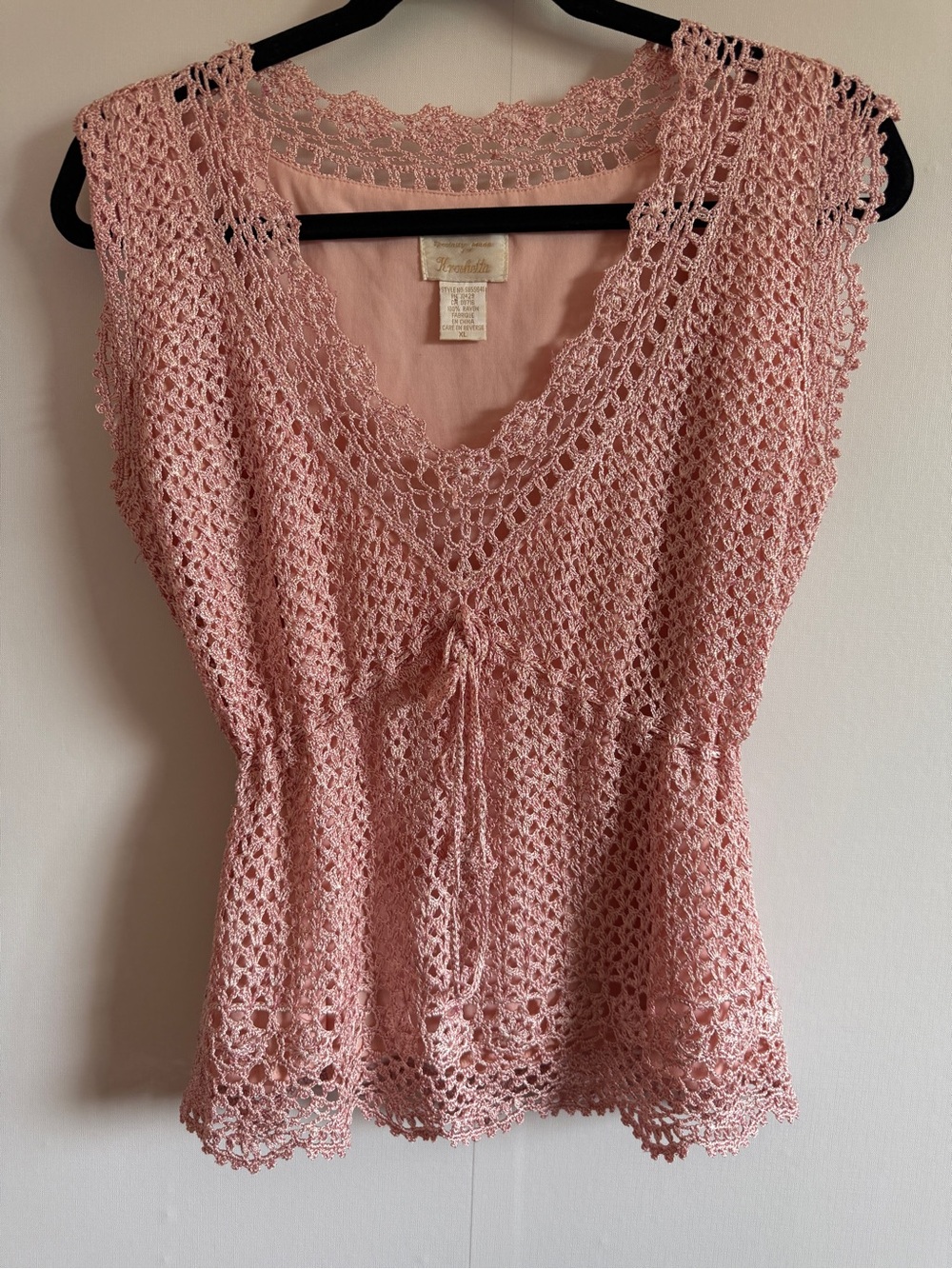 Vintage Crochet Overlay Pink Boho Tank Top Cottagecore Medium